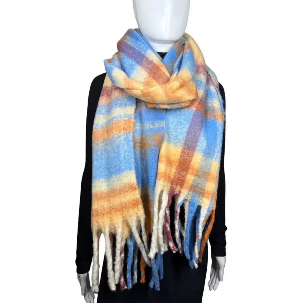 Urban Outfitters Cozy Oversized Multicolor Blue Orange Plaid Woven Fringe Scarf